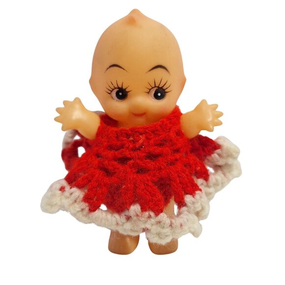 Vintage Kewpie Doll 4.5" Tall With Red & White Handmade Crocheted Dress - Picture 1 of 9